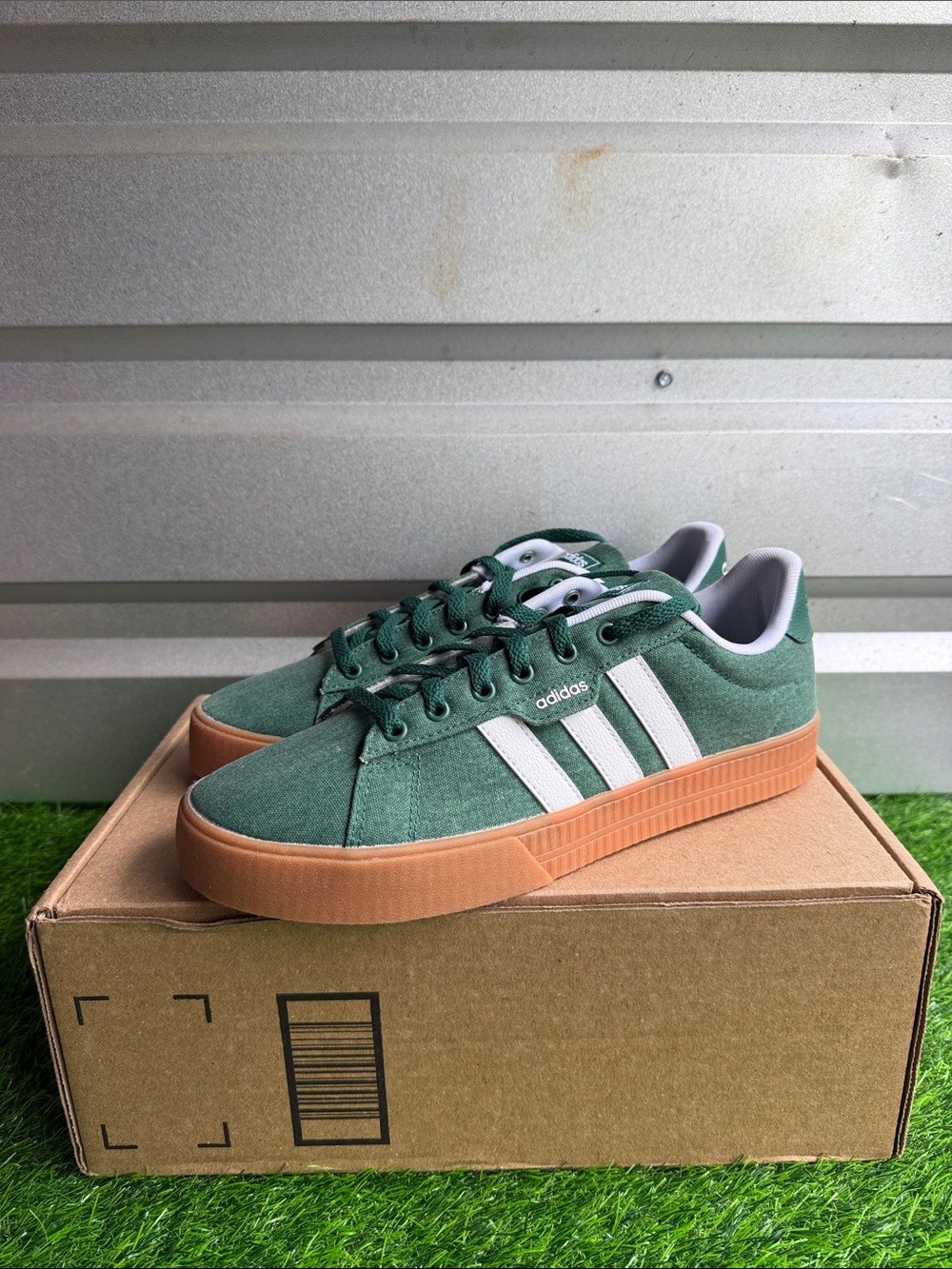 adidas Green Suede Sneakers with White Stripes and Gum Sole